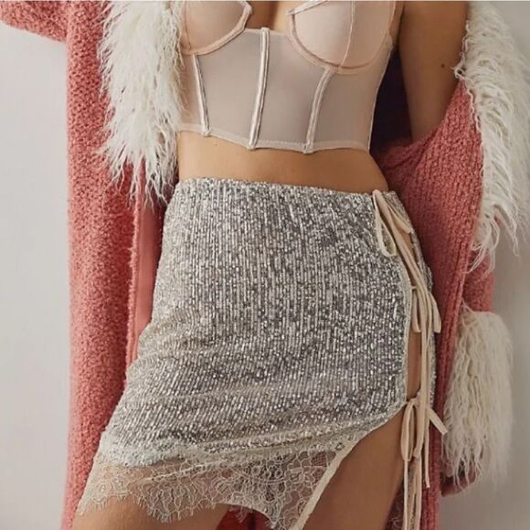 New Free People Intimately Gold Rush Sequin Tie Side Skirt, M